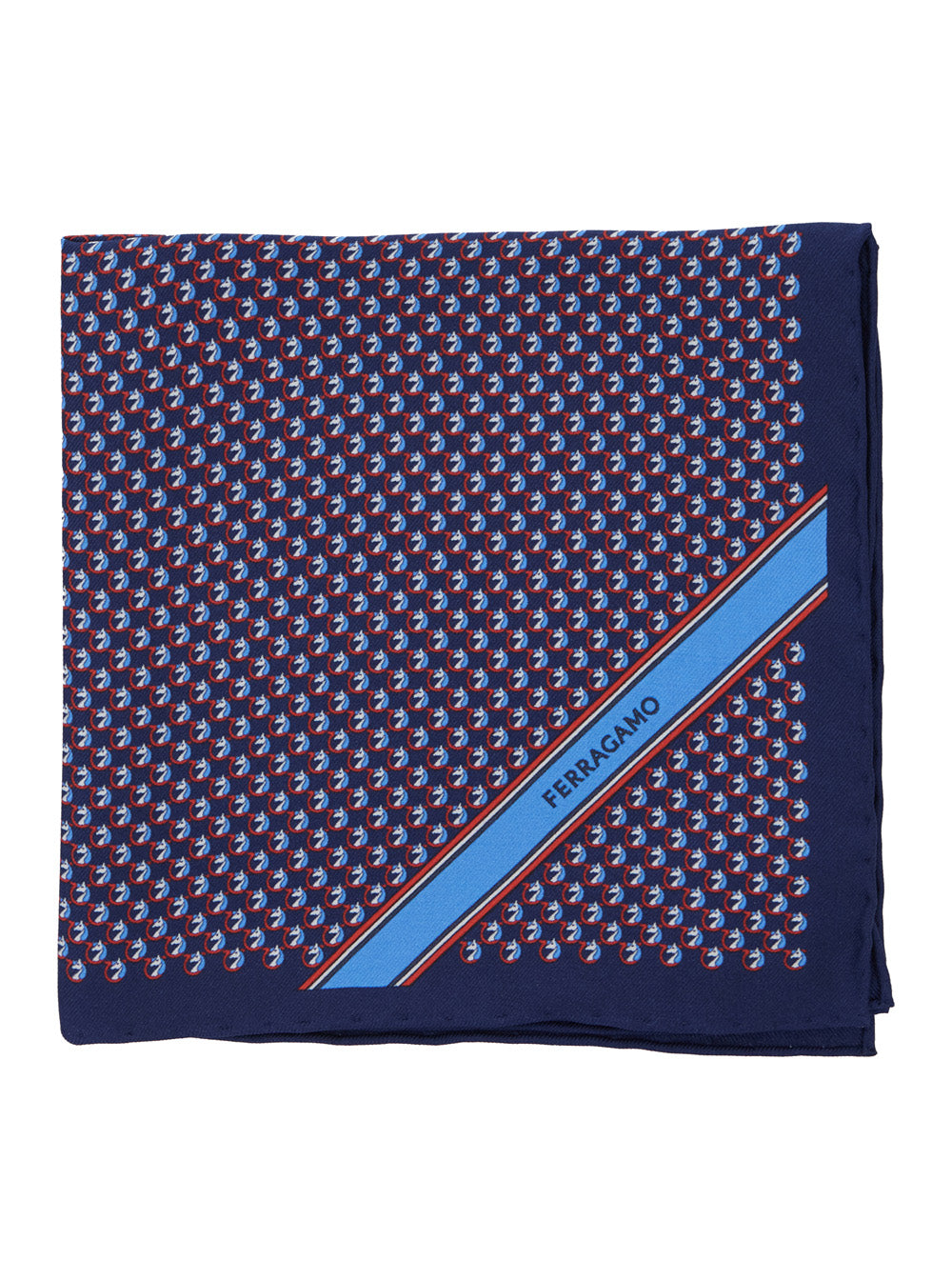 Blue Pocket Square with Gancini Print and Lettering Logo in Silk Man Blu Papillon Ties