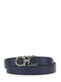 Blue Reversible Belt with Gancini Buckle in Grained Leather Man Blu Calf