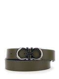 Black Reversible Belt with Gancini Buckle Closure in Grained Leather Man Green Calf