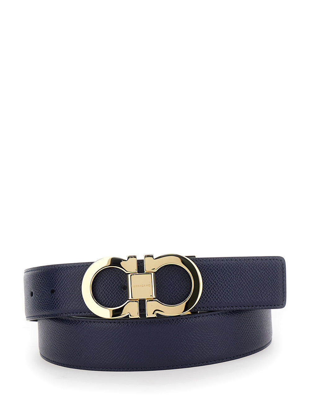 Black Reversible Belt with Gancini Buckle on the Front in Leather Man Blu Calf