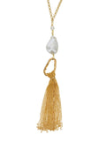 Gold Colored Necklace With Fringe And Pearl Design Bronze Woman Metallic Necklaces