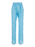 Petites Fleurs Embroidery Silk Flared Pants - Light Blue Floral Embroidered Women Trousers