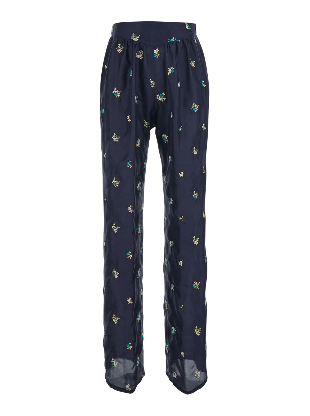 Petites Fleurs Embroidery Silk Flared Pants - Blue With Floral In Women Blu Trousers