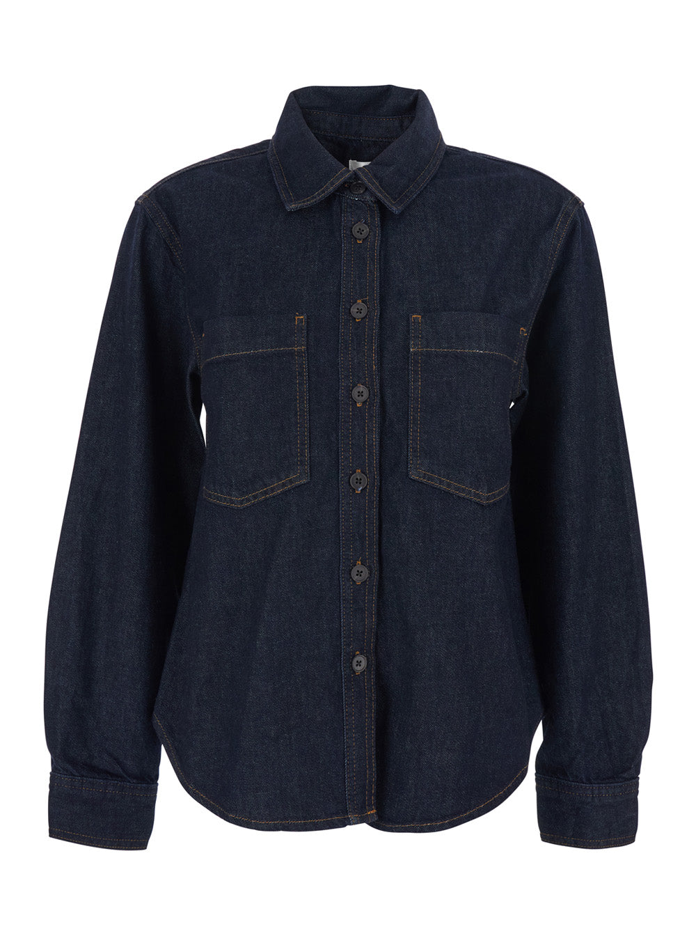 Blue Shirt with Classic Collar and Two Applied Pockets on the Chest in Womens Denim Blu Cotton Blouses