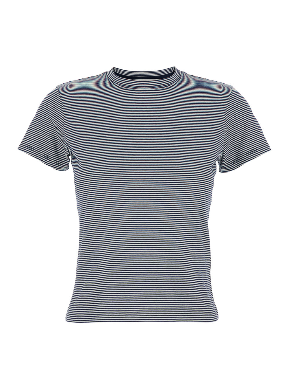black crew neck T-shirt with striped motif in cotton woman Tshirts And Polo Shirts