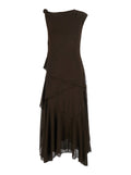 Marl Brown Long Dress With Layered Design And Knot Detail Tech Fabric Women