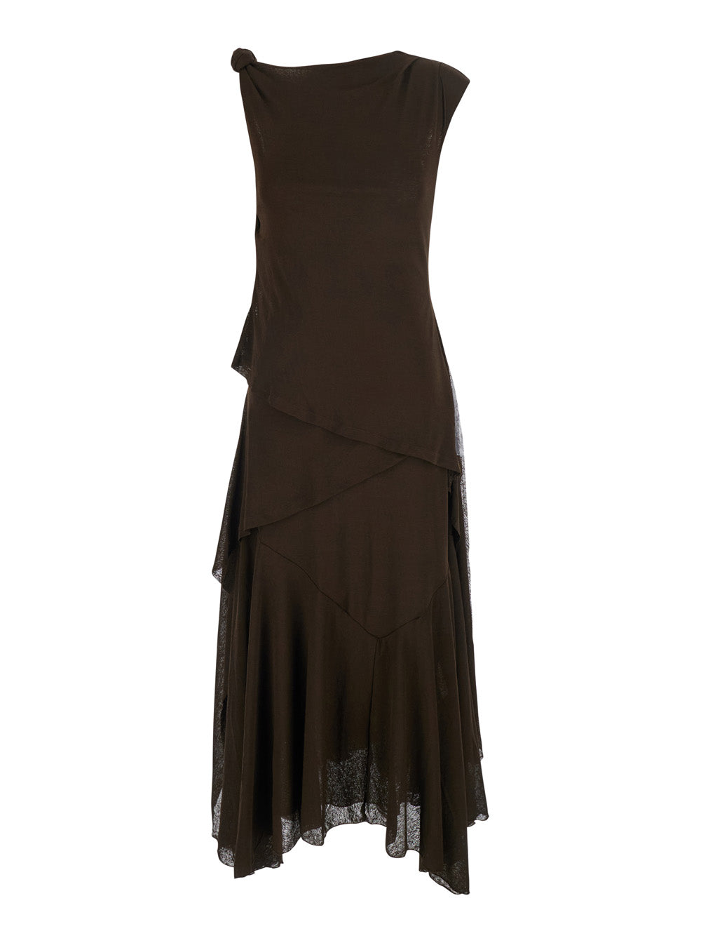 Marl Brown Long Dress With Layered Design And Knot Detail Tech Fabric Women