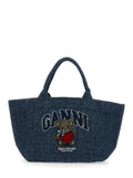 GANNI Blue Tote Bag with Lettering Logo and Teddy Bear on Front in Cotton for Women Blu