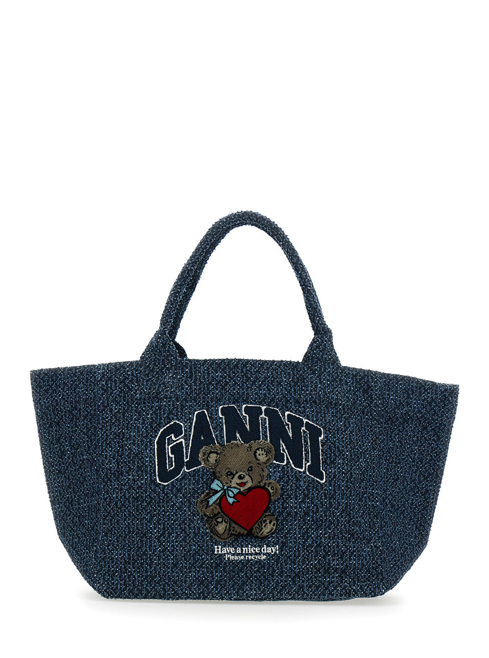 GANNI Blue Tote Bag with Lettering Logo and Teddy Bear on Front in Cotton for Women Blu