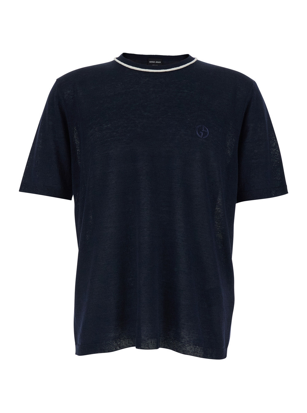 Blue Crew Neck T-shirt with Tone-on-Tone Logo on the Front in Linen and Silk Blend for Men Blu Jersey