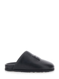 Black Mules with Asymmetrical Design and Padded Leather Logo Women Lamb Flat Shoes