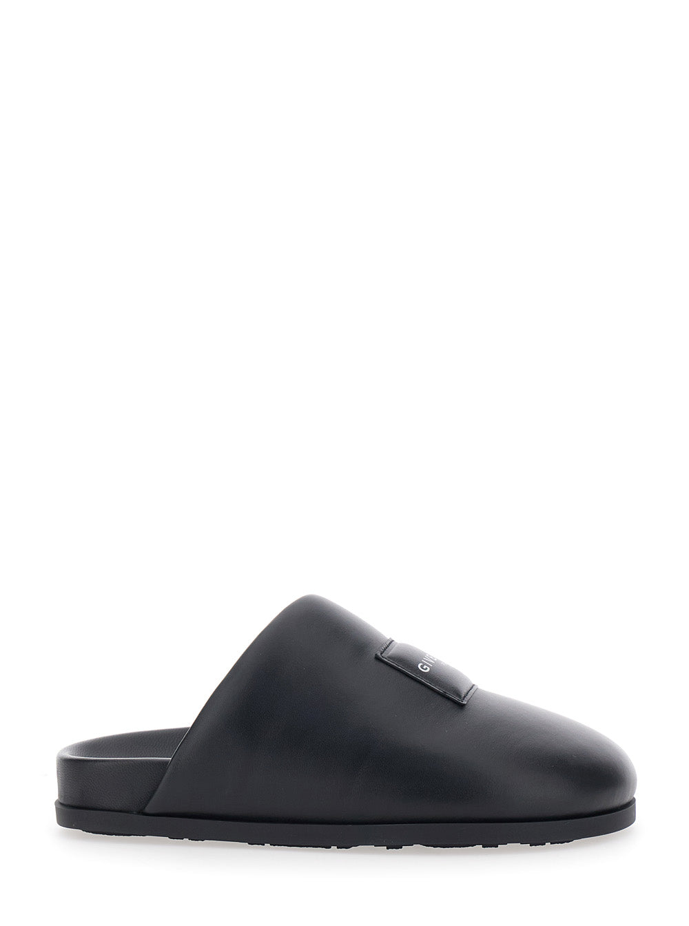 Black Mules with Asymmetrical Design and Padded Leather Logo Women Lamb Flat Shoes