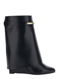Black Wedge Heel Ankle Boots with Logo Plate on the Side in Leather for Women Calf
