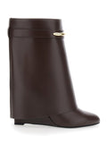Brown Wedge Heel Ankle Boots with Logo Plate on the Side in Leather for Women Calf