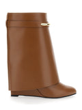 Wedge Heel Ankle Boots with Logo Plate on the Side in Brown Leather for Women Calf
