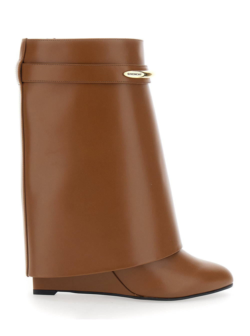 Wedge Heel Ankle Boots with Logo Plate on the Side in Brown Leather for Women Calf