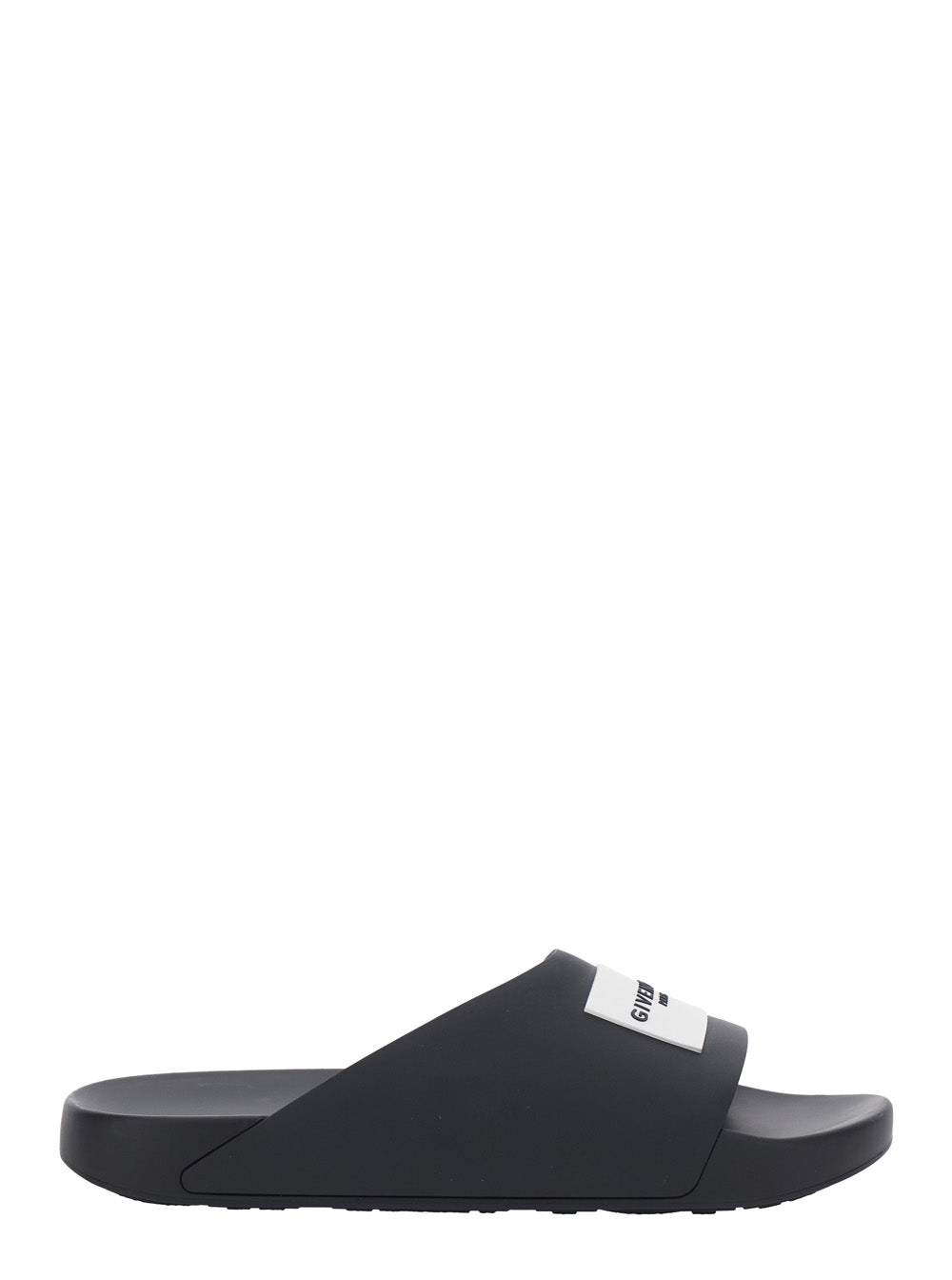 Mens Black Wide Band Sandals with Contrast Logo Patch Polyurethane Flat Shoes