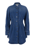 Blue Dress with Pointed Collar and Slightly Structured Waist in Denim for Women Blu Cotton