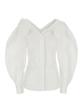 White Slashed Fitted Shirt With Asymmetric Details - Cotton Women And Blouses