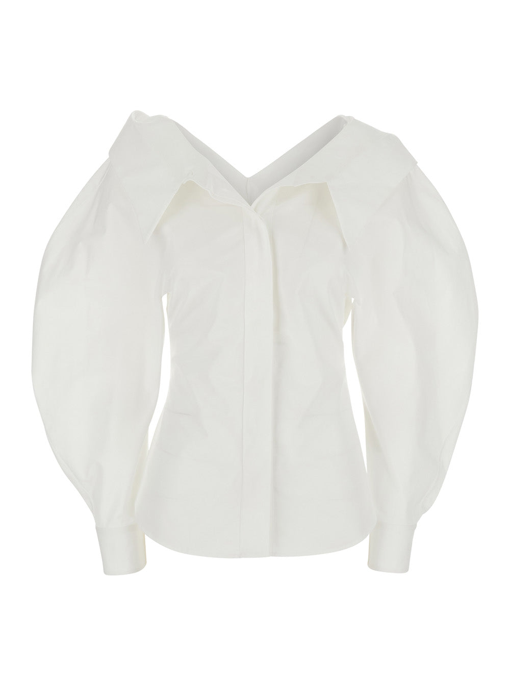 White Slashed Fitted Shirt With Asymmetric Details - Cotton Women And Blouses