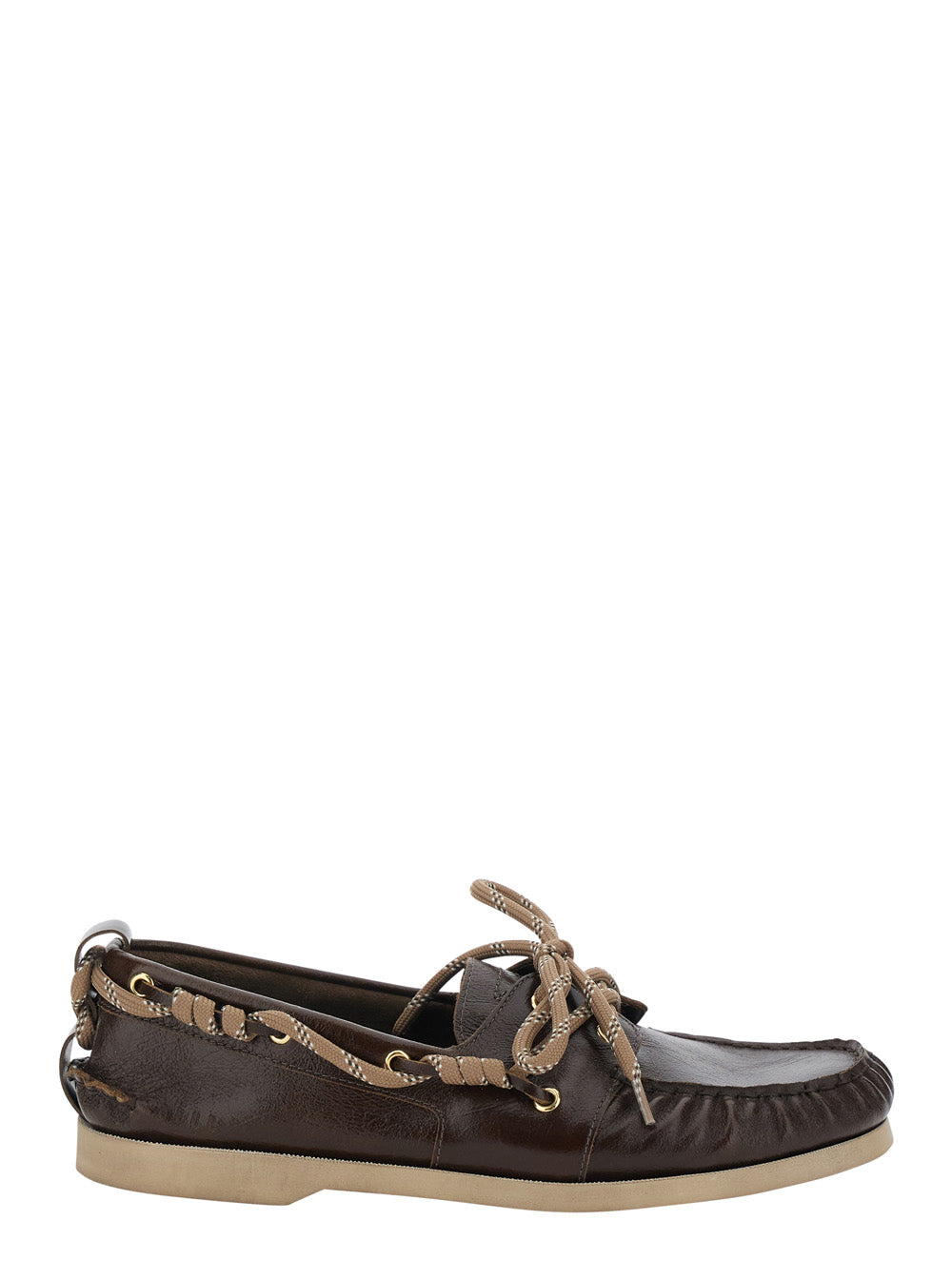 Loafers Boat Moccasin Leather Brown With Rounded Toe Men Cow