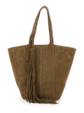 Tote bag SHOPPING 24.7 in Suede Green with Nappa Fringes and Silver Metal Details for Women Cow