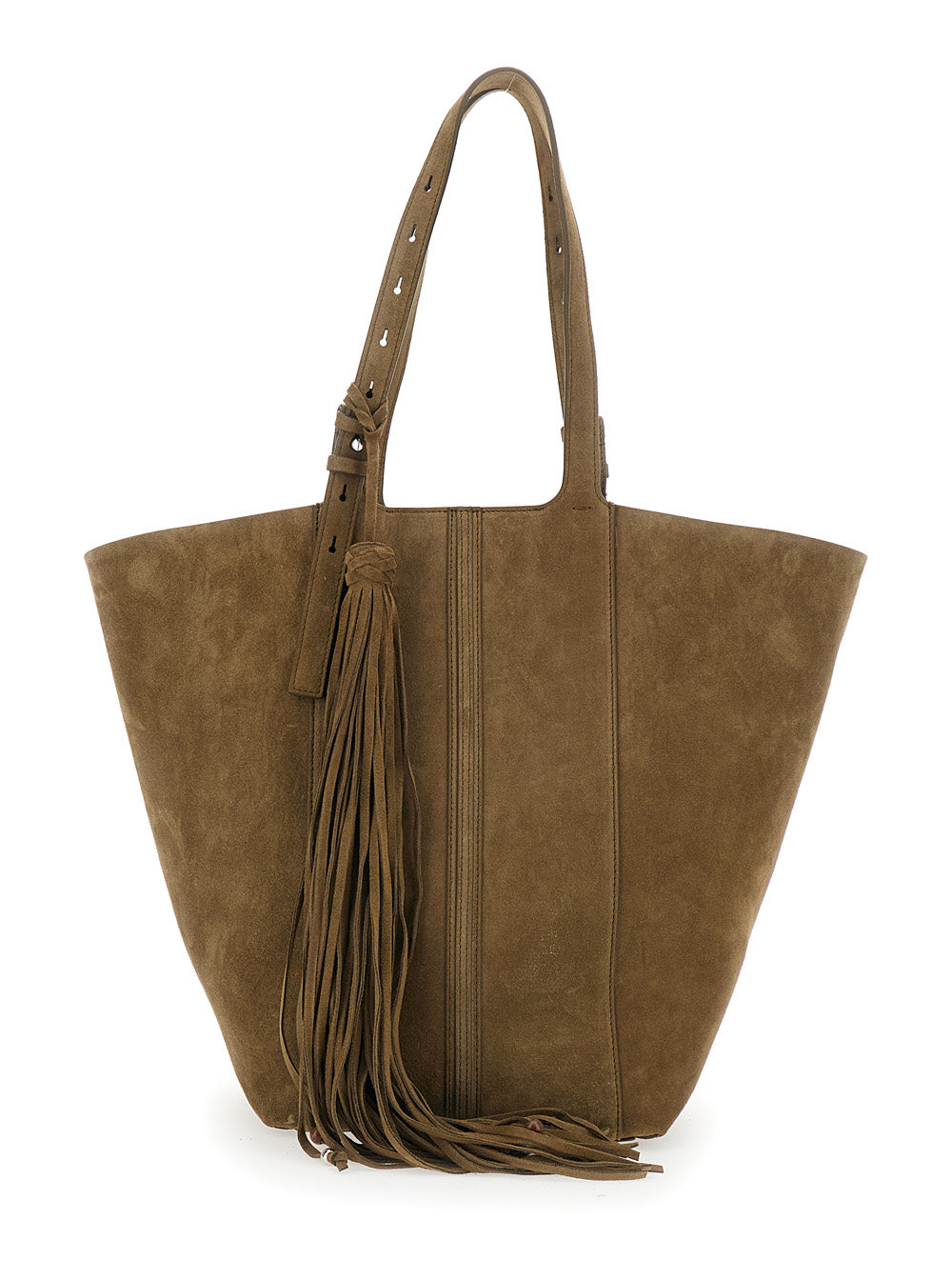 Tote bag SHOPPING 24.7 in Suede Green with Nappa Fringes and Silver Metal Details for Women Cow