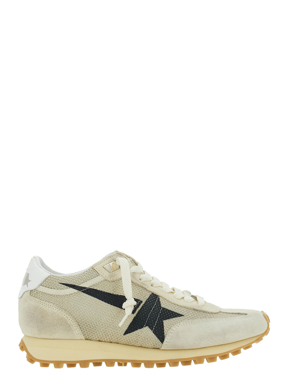 Marathon Beige Low Top Sneakers with Patch Star on the Side and Logo Lettering Heel in Leather Fabric Woman