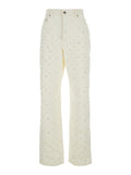White Denim Jeans with Belt Loops and All-Over Crystal Decoration for Women Cotton