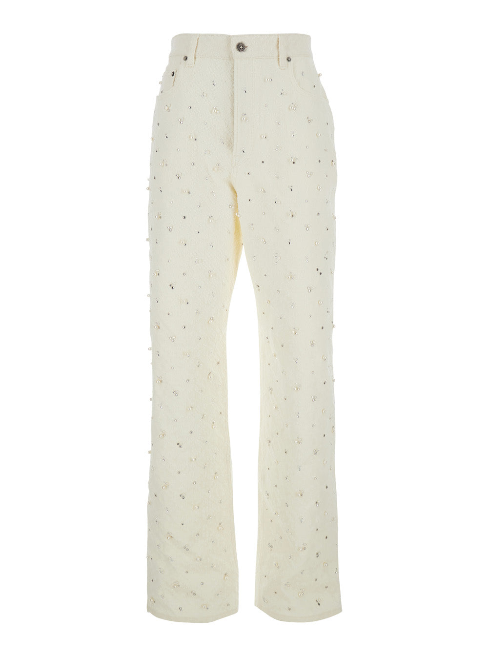 White Denim Jeans with Belt Loops and All-Over Crystal Decoration for Women Cotton