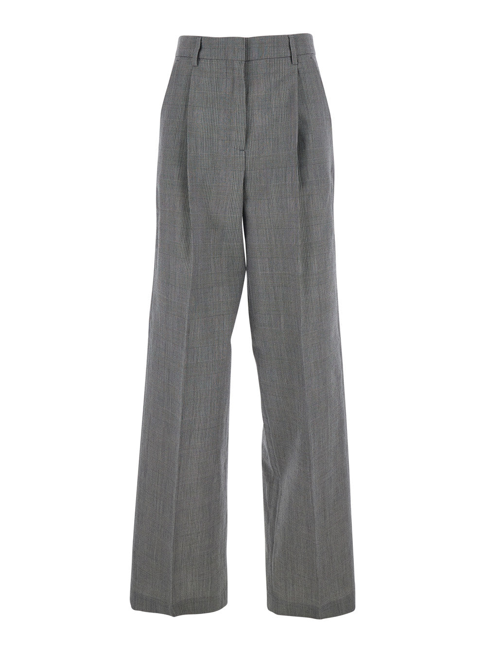 Wide Leg Trousers with All-Over Prince of Wales Print in Grey Wool for Women Virgin