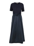 Blue Crewneck Midi Dress with Elastic Drawstring Waist and Panelled Design in Tech Fabric Woman Blu Polyester Long