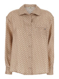 Silk Shirt with Wide Collar and All-Over Print Beige Women Blouses