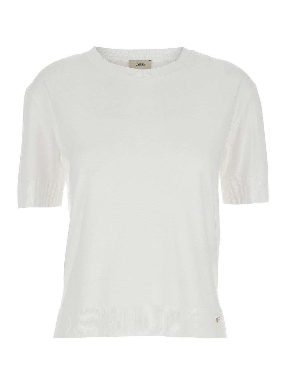 Round Neck T-Shirt with Logo Plate on the Front in Cotton Blend White Women Lyocell Tshirts And Polo Shirts