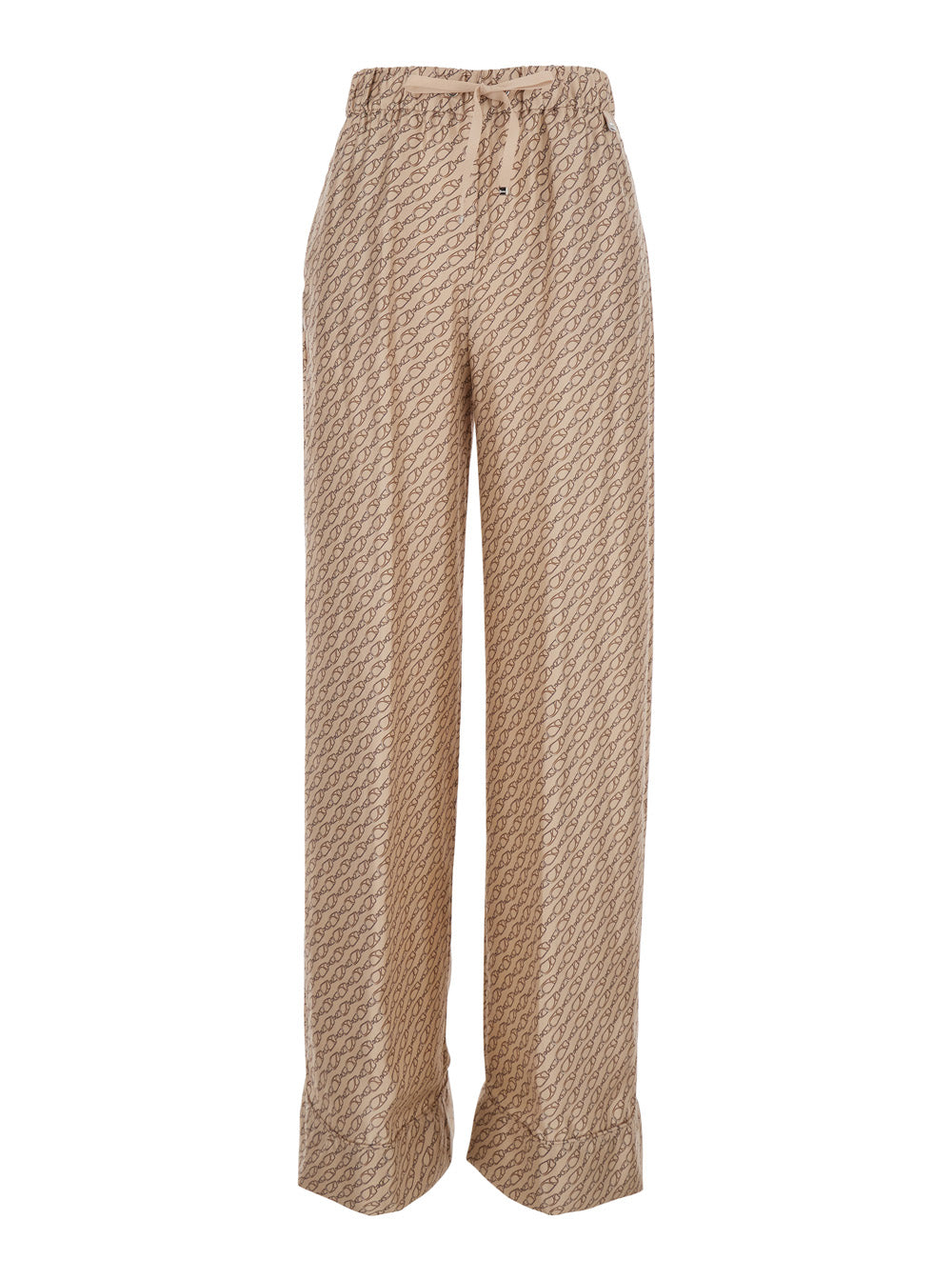 Beige Silk Pants with Elastic Drawstring Waist and All-Over Print Woman Trousers