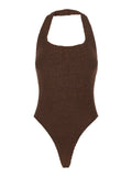 Sandy Brown One-Piece Swimsuit with Halterneck and Open Rear in Tech Fabric Woman Beachwear