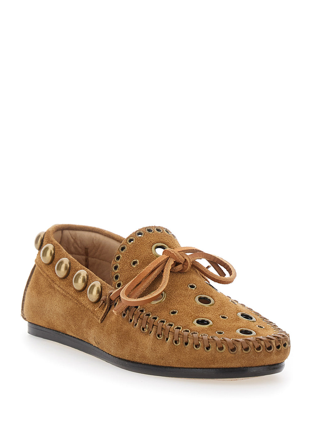 Brown Loafers With Cut-Out Front And All-Over Metal Details Suede Woman
