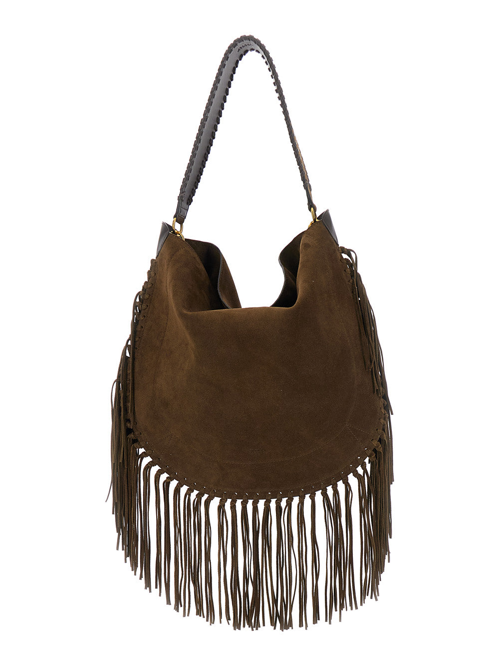 Oksan Brown Shoulder Bag With Oversize Fringes And Removable Handle Suede Woman