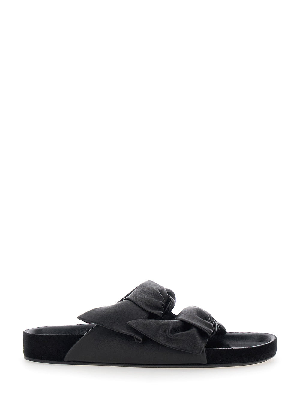 Lennyo Black Slip-On Sandals with Bow Details in Leather WOman Flat Shoes