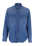Blue WESTERN Shirt with Classic Collar and Long Sleeves in Cotton Linen for Men Blu Blouses