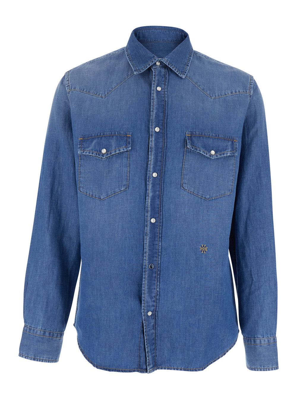 Blue WESTERN Shirt with Classic Collar and Long Sleeves in Cotton Linen for Men Blu Blouses