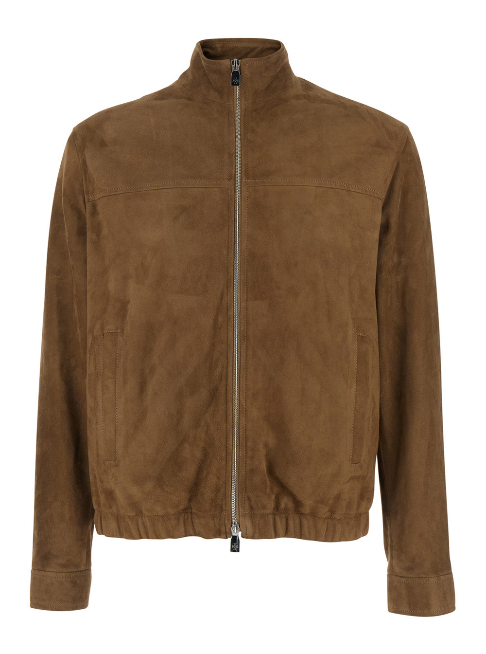 Brown Suede Jacket with High Collar and Zip Closure for Men Outerwear