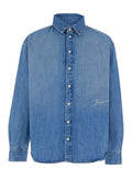 Simon Light Blue Shirt with Classic Collar and Logo Lettering Embroidery on the Front in Denim for Men Cotton Blouses