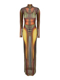 Long Dress DR131M018P155060 with High Collar and All-Over Print in Multicolor Tech Fabric for Women Polyamide