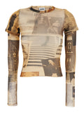 Womens Multicolor Tech Fabric Crew Neck Crop Top with Long Sleeves and All-Over Print Polyamide Tops