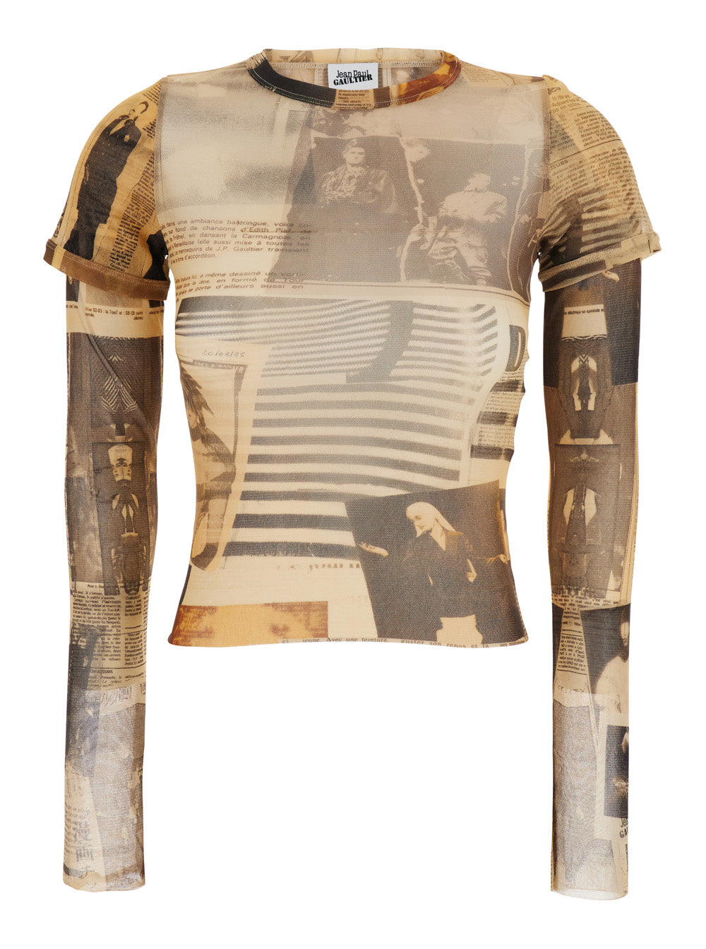 Womens Multicolor Tech Fabric Crew Neck Crop Top with Long Sleeves and All-Over Print Polyamide Tops