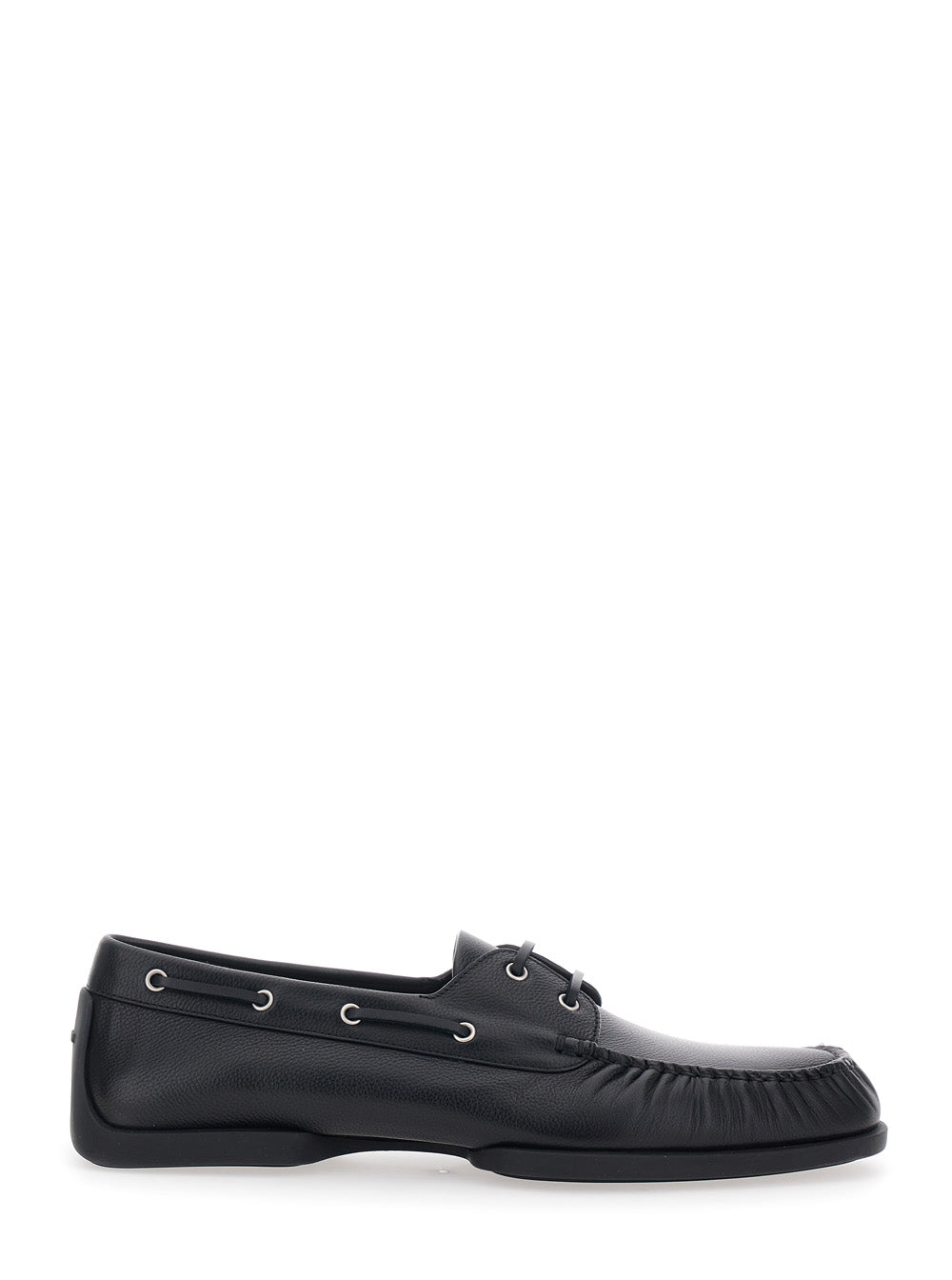 Black Loafers With Ruffled Details And Rounded Toe Leather For Men