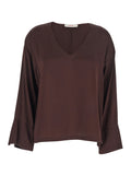 Silk Blouse with V-Neck and Wide Long Sleeves Brown Women Shirts Blouses
