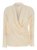 White V-Neck Blouse with Draping on the Front for Women Shirts And Blouses