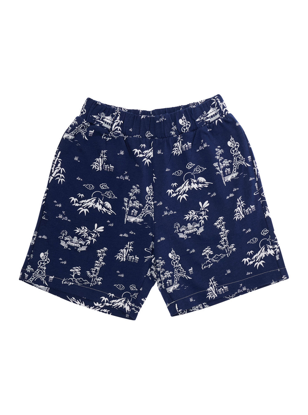 Blue Bermuda Shorts with All-Over Print and Logo Patch on the Back in Cotton for Kids Blu
